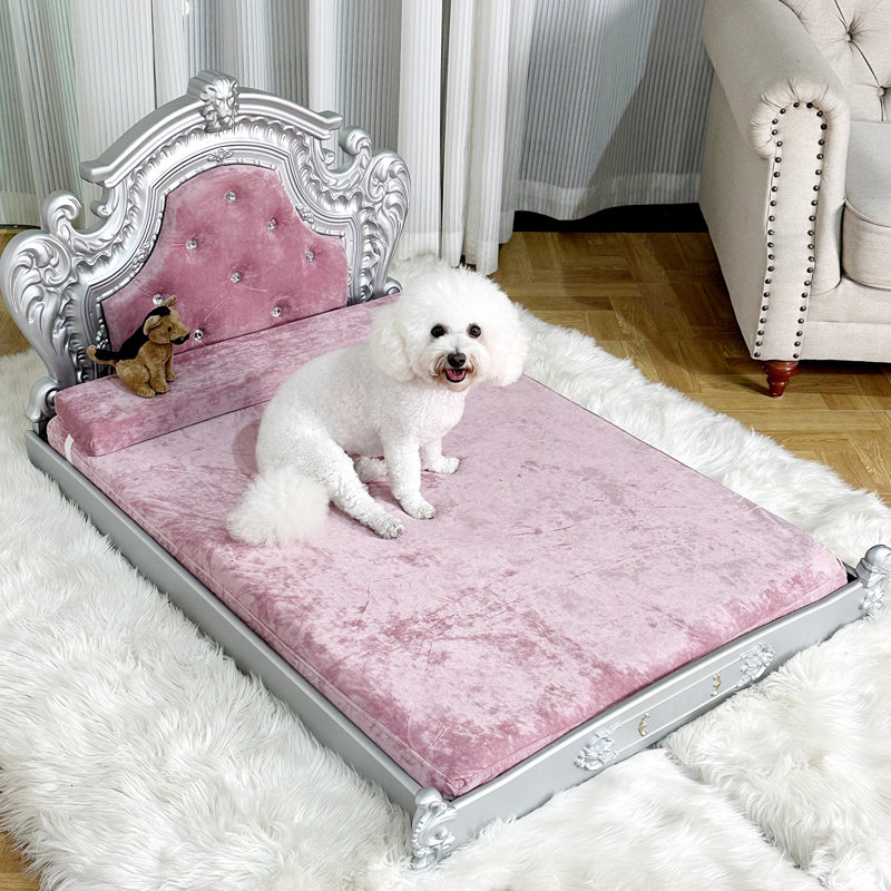 Luxury Silver Baroque Soft Velvet Dog Bed Pet Sofa Furniture With Tufted Headboard Diamonds Decor 23 H x 32.5 W x 40 D Blue